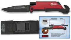 Navaja Táctica Rui con Hoja de Acero Inox de 9 cm con baño de Titanio, Pedernal / Linterna  con Punta Rompevidrio y Cutter cinturón Color Rojo 19451