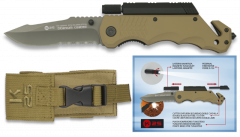 Navaja Táctica Rui Pro, Hoja de Acero Inox con Baño de Titanio de 9,5 cm, Mango de Aluminio color Coyote. Incluye Funda de Nylon, Cutter, Linterna y Pedernal 19540