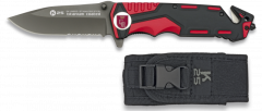 Navaja Táctica Roja/negra Ru/k25 Seguridad Mango recubierto de goma, Hoja de Acero Inox (Baño de Titanio) de 9.4 cm, incluye Cutter cinturon doble, Punta rompevidrio y Funda de nylon 
