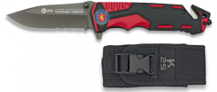 Navaja táctica  K25 de color rojo y negro, hoja de 9,4 cm con baño de titanio, punta rompevidrio, con funda de nylon, 19653GR1075