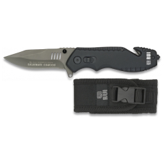 Faca RUI preto rompecinturones mango alumínio, chapa de aço inoxidável 8 cm, bainha de nylon, 19801 titânio-chapeado