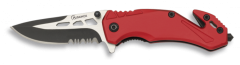 Navaja Táctica de Seguridad Martinez Albainox Roja con mango de aluminio y hoja de acero inoxidable de 5.8 cm. Incluye clip, cinturón de seguridad, punta rompevidrio y caja a color 19904 