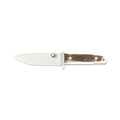 Cuchillo Salamandra con mango asta de ciervo, hoja de 13 cm, total 25,5 cm, peso 260 gramos, con funda de cuero marrón, 202061 + pañuelo desenfunda