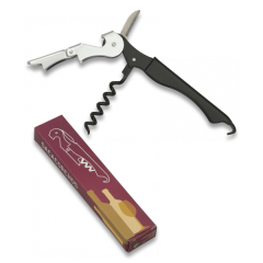 Abrebotellas Martinez Albainox negro basculante, sacacorchos de dos tiempos, con navaja mini, de metal, en caja regalo 21127