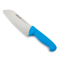 Faca Santoku Arcos 2900 - Prof 290623 com alvéolos de aço inoxidável de Nitrum e ergonómica mango de cor azul e 18 cm folha polipropileno, caso a exibição
