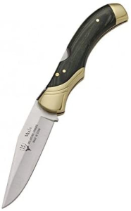 Navaja Serie GL, cerradura, manillas de madera verde prensada y latón. Peso 190 gramos, hoja de 12 cm polivalente MOVA