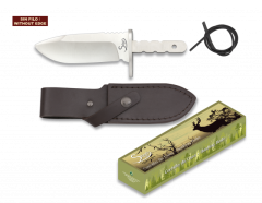 Coltello da caccia Fornitura, lama 9 cm, dimensione totale 20,5 cm, ghiera in acciaio, con fodero in pelle e cordicella in cuoio, smussato