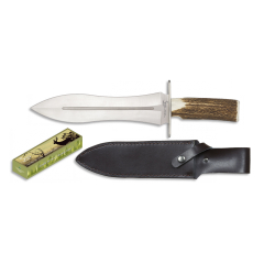 Cuchillo de remate Steel 440, virola de acero, mango de asta de ciervo, hoja de 22 cm de acero inoxidable, total 35 cm, con funda de piel, 32131