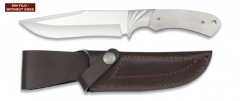 Faca de caça com lâmina de aço inoxidável de 14 cm. Ferrolha de aço romba. Inclui Estojo em Couro