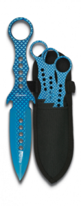 Set de 3 cuchillos Lanzadores Rainblue, color azul, medida total de 19 cm, en funda de nylon