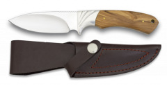 Cuchillo de Caza Martinez Albainox con Mango de Olivo y Hoja de Acero Inox de 10.8 cm, Virola de acero. Incluye Funda de Piel