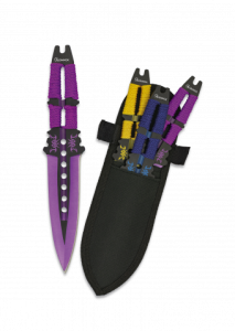 Satz mit 3 Wurfmessern, Gesamtgröße 23,5 cm, einseitig geschliffen, in Nylonscheide