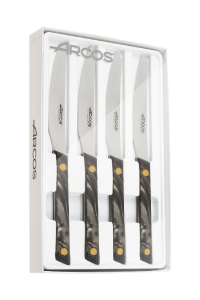 Conjunto de 4 Cuchillos de Mesa Arcos Serie Flysch para Carnes. Cuchillos Chuleteros con hoja Serrada de Acero Inoxidable NITRUM de 110 mm. Mango Polimetil Metacrilato.