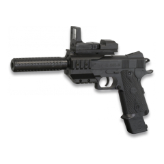 Pistola de aire suave Airsoft muelle con silenciador Cyma, tamaño 32,5 x 24 cm, energía 0,15 Julios, láser no incluido munición bolas de PVC 6 mm, 38235