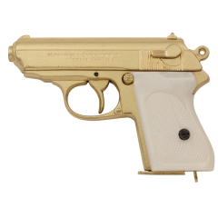 Réplica de uma pistola semi-automática da Alemanha na Segunda Guerra Mundial Mundial 1919, 18 cm e 950 gr em metal dourado e imitação de madrepérola 