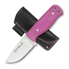 Couteau de chasse sport iField Workout EL29113, lame MOVA 7 cm en satin satiné, mango micarta rose, avec scie, avec housse en cuir noir, outil de camping pour la pêche, la chasse, les activités sportives