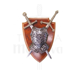 Armadura y Panoplia con coraza de 2 Espadas de la Epoca Medieval S VI - XV de 25 cm