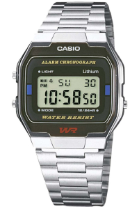 Reloj Unisex Casio, Modelo A163WA-1Q. Resina correa de color Metálico y Dial LCD Digital Unisex. WR 30 mt.