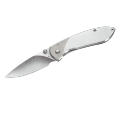 Buck Knives STE-0327SSS 327 Nobleman™ Stainless Drop Point Taschenmesser mit Klinge aus 440A rostfreiem Stahl, 6,7cm mit strukturiertem Griff aus gebürstetem Edelstahl EDM , Taschenclip aus Edelstahl