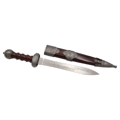 Daga Gladius burgunderfarben, Stahlklinge mit Damastimitat, 29,5 cm lang, braune Scheide mit Nickel-Finish