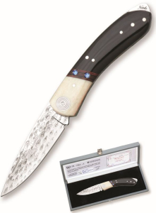 Faca de artesanato arte-8 Miguel Nieto 18,5 cm, lâmina de 7,5 cm de aço e mango de osso de madeira camelo, veado, raiz e Buffalo, com caixa de exposição, edição limitada a 500 unidades