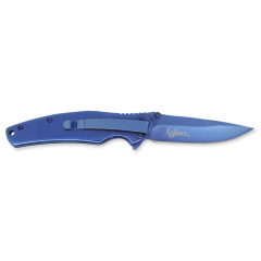 Navaja  Rainblue, apertura FOS, largo total 18,5 cm, hoja de acero inoxidable de 8,5 cm, color azul metalizado, mango de aluminio, con funda de terciopelo, 18395-A