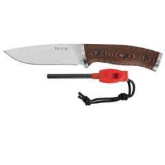 Couteau Buck STE-0863BRS Selkirk Survival Knife, lame Drop Point de 12,5 cm en acier inoxydable 420HC, manche en Micarta à contours CNC brun/noir. Comprend un fourreau en nylon brun/noir et un coupe-feu.