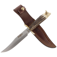 Cuchill de caza Muela Big Five Buffalo, hoja de 16 cm de acero X50CrMoV15, pomo buffalo, 271 gramos de peso, con estuche de lujo y funda de alta calidad, BUFFALO-16BF + tarjeta multiusos de regalo