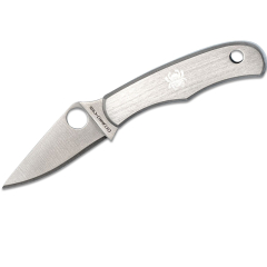 Spyderco STE-C133P Bug Jagdmesser mit 3,3 cm langer, glatter Klinge aus rostfreiem 3Cr13 Stahl und grauem Griff aus rostfreiem Stahl.
