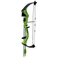 Arco de tiro compuesto Hellbow Besra de iniciación con poleas regulables de 19-25 LBS y una apertura de 19" - 20,5", arco para diestros de color verde, posee un kit completo con Carcaj.