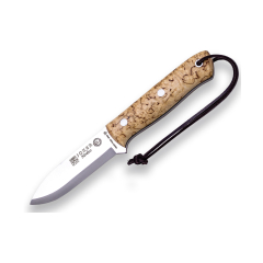 Cuchillo deportivo "Nórdico" Joker CL115, mango Abedul Rizado y hoja de 10 cm, funda piel marrón, acero Sandvik 14c28, Herramienta de pesca, caza, camping y senderismo
