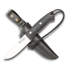 Cuchillo de caza Ranger Joker CM144, mango Micarta Canvas, hoja de 11 cm, funda piel marrón, Herramienta de pesca, caza, camping y senderismo