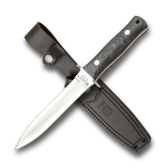 Cuchillo de monte enterizo Joker "Lince" CM43, hoja de 15 cm MOVA, mango de Micarta Canvas, con funda de cuero, herramienta de pesca, caza, camping y senderismo