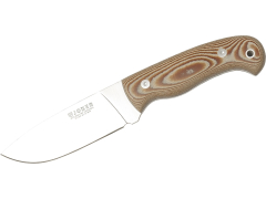 Cuchillo de monte Joker con cachas de micarta marrón, hoja Inox MOVA de 11 cm, funda de cuero, 203 gramos, CM58 + tarjeta multiusos de regalo