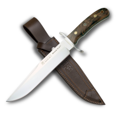 Cuchillo de cazador enterizo Joker Bowie 9.45" CN139 con guarda Inox, mango en Madera de Nogal, hoja recta de 24 cm, 505 gr, funda de cuero Marrón, herramienta de pesca, caza, camping y senderismo