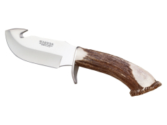 Coltello Skinner Joker Dogo con pugno di cervo con rosetta e lama in acciaio inox 11 cm, croce in acciaio inox, custodia in pelle, con spine ripper, CN28 + carta regalo multiuso