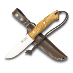 BUSHCRAFT Ranger Joker CO144 coltello da caccia, manico de legno d'ulivo, lamade 11 cm, fodero in pelle marrone, Tool de pesca, caccia, campeggio ed escursioni