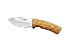 Cuchillo desollador Joker Pecari, hoja MOVA de 8,5 cm, funda de cuero, cachas en madera de olivo, 170 gramos, CO22 + tarjeta multiusos de regalo