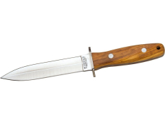 Cuchillo de monte enterizo Joker "Lince" CO43, hoja de 15 cm MOVA, mango de madera de Olivo, con funda de cuero, herramienta de pesca, caza, camping y senderismo