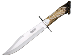 Couteau de chasse Joker Leon, sculpté à la main avec la poignée de cerf, lame de 25 cm, pochette en cuir incluse, traverse en acier inoxydable, carte-cadeau multifonction CT101 +