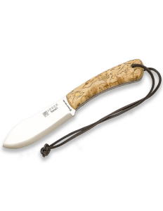Cuchillo de caza Joker "Nessmuk S" CL132-P, hoja de 11 cm Sandvik 14C28N, mango de abedul, funda marrón de cuero y pedernal, herramienta de pesca, caza, camping y senderismo