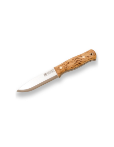 Cuchillo de monte enterizo Joker Scandi Bushlore CL138-P, mango de abedul rizado, hoja de 11,5 cm, con funda de cuero marrón con pedernal, herramienta de pesca, caza, camping y senderismo.