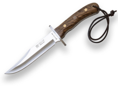 Cuchillo de Caza Joker Bowie CN96. Cuchillo con puño de Madera de Nogal y Hoja enteriza de Acero Inoxidable Mova de 14,5 cm. Incluye funda de cuero en color marrón.