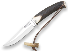 Cuchillo de monte Joker "Luchadera" CC72, mango de punta de Ciervo, hoja de 14 cm MOVA, funda de cuero marrón, herramienta de pesca, caza, camping y senderismo