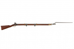 Rifle de réplica com baioneta da era napoleônica no ano França 1806, feito de madeira e metal com mecanismo simulador de carregamento e disparo, com o bico cego, não atirar, para a decoração