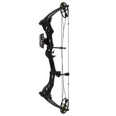 Arco de tiro compuesto de poleas Hellbow Fossil regulable de 30 a 70 LBS y una apertura de 25 a 31",  posee visor de 2 pines. Arco para diestros de Color Negro con cuerda de tensar de repuesto.