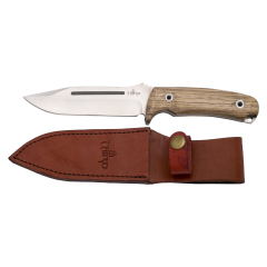 Cuchillo de caza Third H0182J con hoja de acero de 13,2 cm, mango de madera (zebrano). Incluye funda de piel