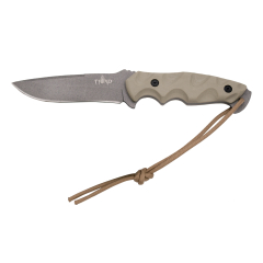 Cuchillo táctico Third H0200TN, con hoja de acero de 12 cm bañada en titanio "Gun Grey", mango de G10 camel. Incluye clip y funda de kydex