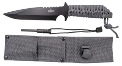 Couteau tactique Third H0401 avec lame de acier de 17,5 cm finition noire, manche cordé gris, avec étui de nylon gris et silex.