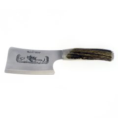 Muela Axe, Modelo HC-13A. Machado com cabo de chifre de veado e calcanhar inoxidável. Lâmina de aço Mova com 16 cm. Inclui bainha de couro marrom + Cartão Presente Multiuso.